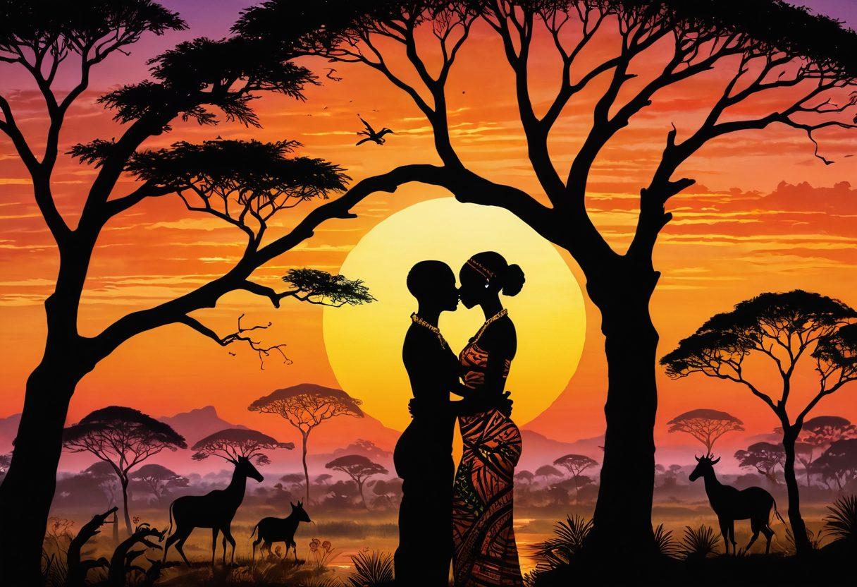 A beautifully illustrated scene depicting an intimate moment between two lovers in a lush African landscape, incorporating traditional motifs and vibrant colors. The background should include silhouettes of African trees and wildlife, while the foreground captures the affection and connection between the figures, symbolizing the depth of erotic narratives. A warm sunset adds to the romantic ambiance. vivid colors. cultural patterns. painting.