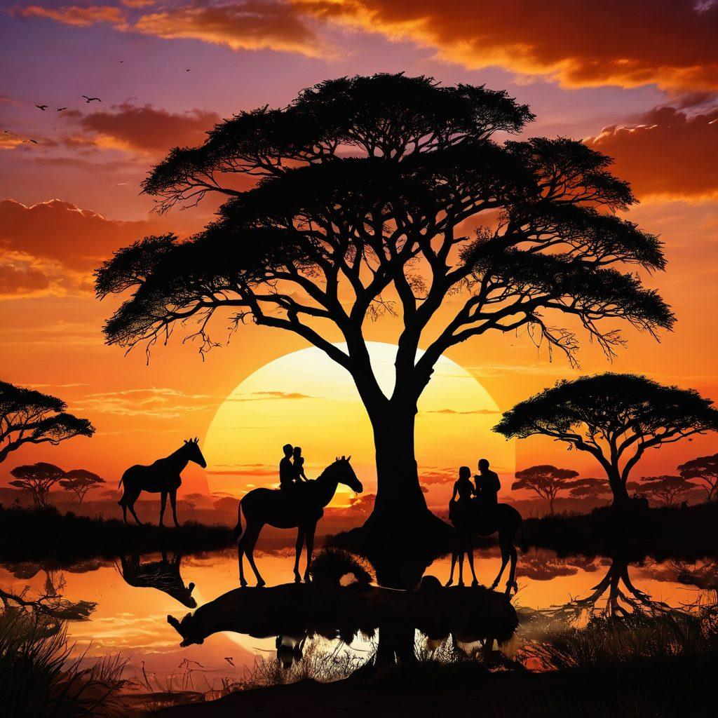 A stunning sunset over the African savanna, showcasing rich colors and textures. In the foreground, silhouettes of diverse couples engaged in intimate moments, symbolizing connection and exploration. Tropical flora surrounds the scene, enhancing the vibrant atmosphere. Include elements of storytelling, like a traditional storyteller beside a fire. super-realistic. vibrant colors. 3D.