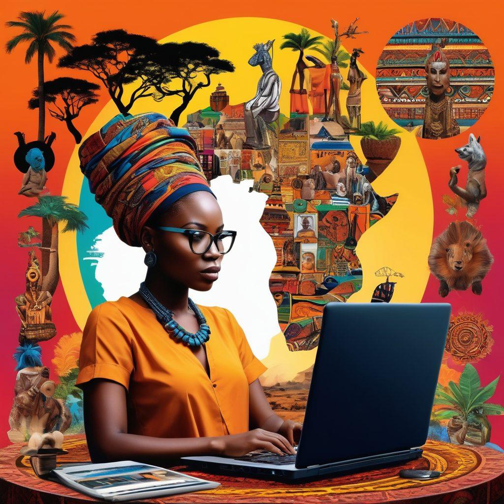 A vibrant collage showcasing the evolution of adult entertainment and blogging in Africa, featuring traditional and modern elements like tribal art, laptops, and social media icons. Incorporate diverse people engaging with digital devices, and include iconic African landmarks in the background. The scene should blend cultural richness with contemporary digital culture, symbolizing progress and change. colorful and dynamic. modern and edgy. digital art.
